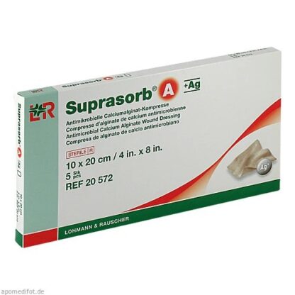 Suprasorb A+AG Antimikro Cal.-alginat Kompr.10x20, 5 Stk., Супрасорб A+AG, антимикробная повязка из альгината кальция с серебром для ран, 10x20 см, 5 шт