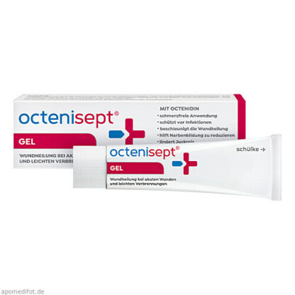 Octenisept Wundgel,Es enthält Octenidine HCl und Hydroxyethylcellulose zur Keiminaktivierung und Wundpflege. Октенисепт Вундгель,Он содержит октенидин HCl и гидроксиэтилцеллюлозу для инактивации микробов и ухода за ранами.