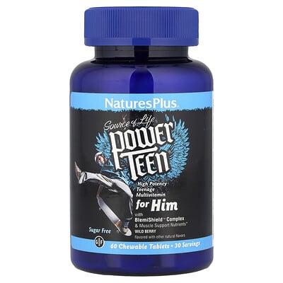NaturesPlus, Источник жизни, Power Teen® для него, мультивитамины для подростков, без сахара, лесные ягоды, 60 жевательных таблеток